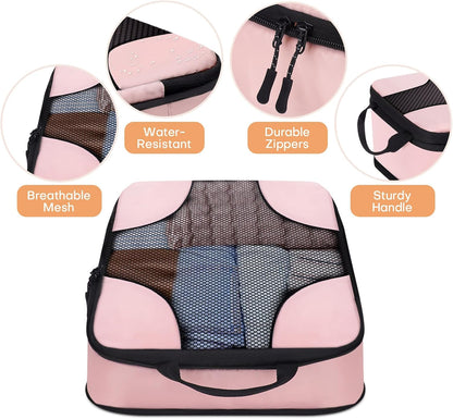 6 Set Compression Packing Cubes for Travel Women, Compression Bags Organizer for Packing Luggage Space Saving, Suitcase Organizer Set for Travel Essentials - Pink