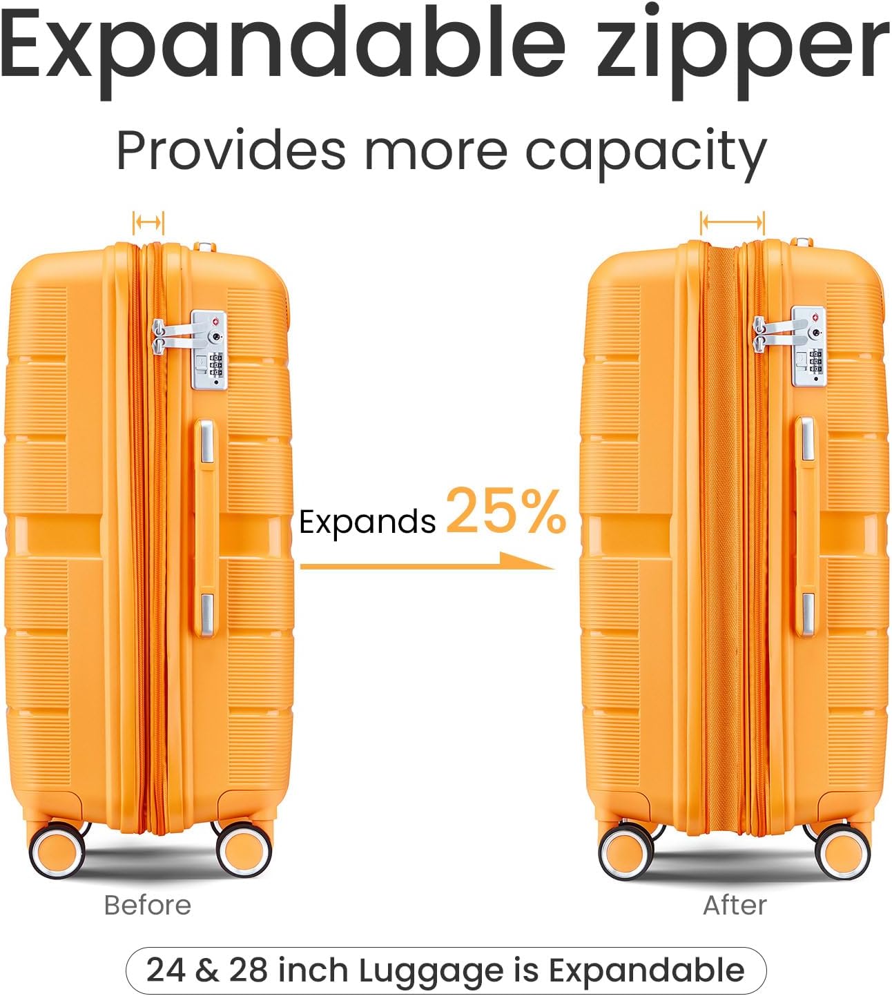 Campfun Luggage 4 Piece Sets, Expandable Carry On Luggage Set Hardshell PP, Suitcase Set with Double Spinner Wheels, Checked Durable Lightweight with TSA Lock, 14/20/24/28in, Orange(A)