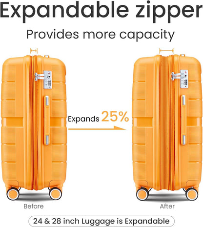 Campfun Luggage 4 Piece Sets, Expandable Carry On Luggage Set Hardshell PP, Suitcase Set with Double Spinner Wheels, Checked Durable Lightweight with TSA Lock, 14/20/24/28in, Orange(A)