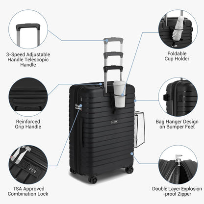 Kono 20 Inch Expandable Carry On Luggage with Spinner Wheels, Durable Hardside Luggage with Hidden Cup Holder, Lightweight Hard Shell Carry On Suitcase Airline Approved with TSA Lock(Black)