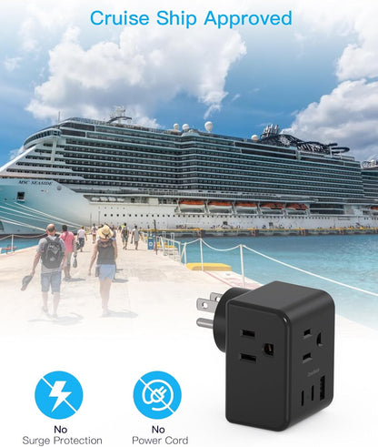Multi Plug Outlet Extender, Power Strip Non Surge Protector Electric Outlet Splitter with 3 USB Wall Charger (2 USB C), Multiple Outlet Expander for Cruise, Dorm, Travel, Home, Office(Black)