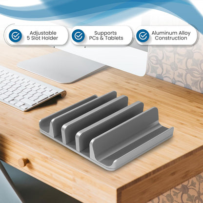 Multiple Laptop Holder Vertical – Adjustable Laptop Vertical Stand Holds 5 Devices, Fits All MacBooks Laptops Tablets and Mobiles (up to 17.3”). Closed Upright Vertical Laptop Stand for Desk