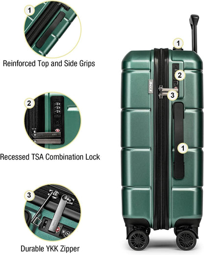 KYME Luggage Sets 3 Piece Hardshell 22in/26in/30in Suitcases with Spinner Wheels Hardside Suitcase Sets with TSA Lock Travel Rolling Luggage Set for Women Men Green