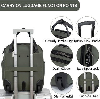 EMPSIGN Underseat Carry On Wheeled - 16" Carry on Bag with Wheels Multi-functional Lightweight Rolling Bag Overnight Weekender Small Suitcase for Women Men Travel Business, Army Green