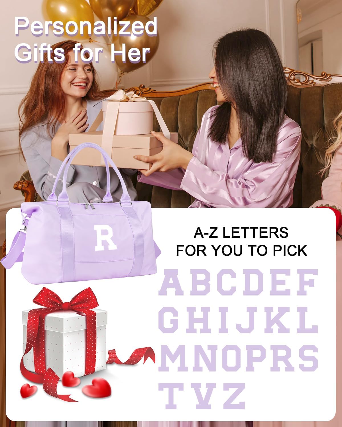 Daughter Niece Gifts for Teen Girl Kids, Initial Travel Duffel Bag Sports Gym Bag Personalized Gifts Weekender Bag，Monogram Overnight Bag Cute Dance Bag Birthday Bridesmaid Gifts for Women(Purple, R)