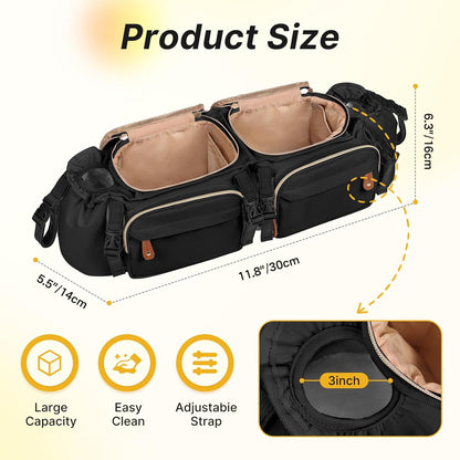 Double Stroller Organizer for Bob Duallie and Baby Jogger City Mini GT2, Double Stroller Caddy Organizers with Cup Holder and 2 Cooler Pockets Parent Console Double Stroller Accessories