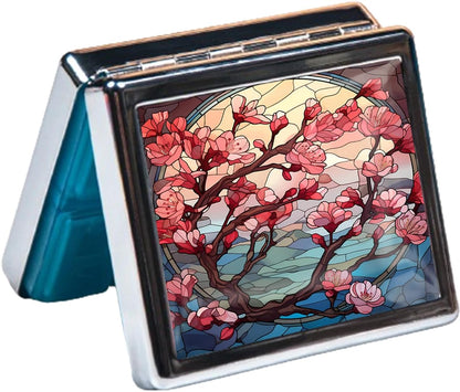Silver Vintage Pill Box 7 Day Metal Pill Box with Mirror and 8 Compartments Cute Travel Pill Organizer for Purse (Stained Glass Cherry Blossom)