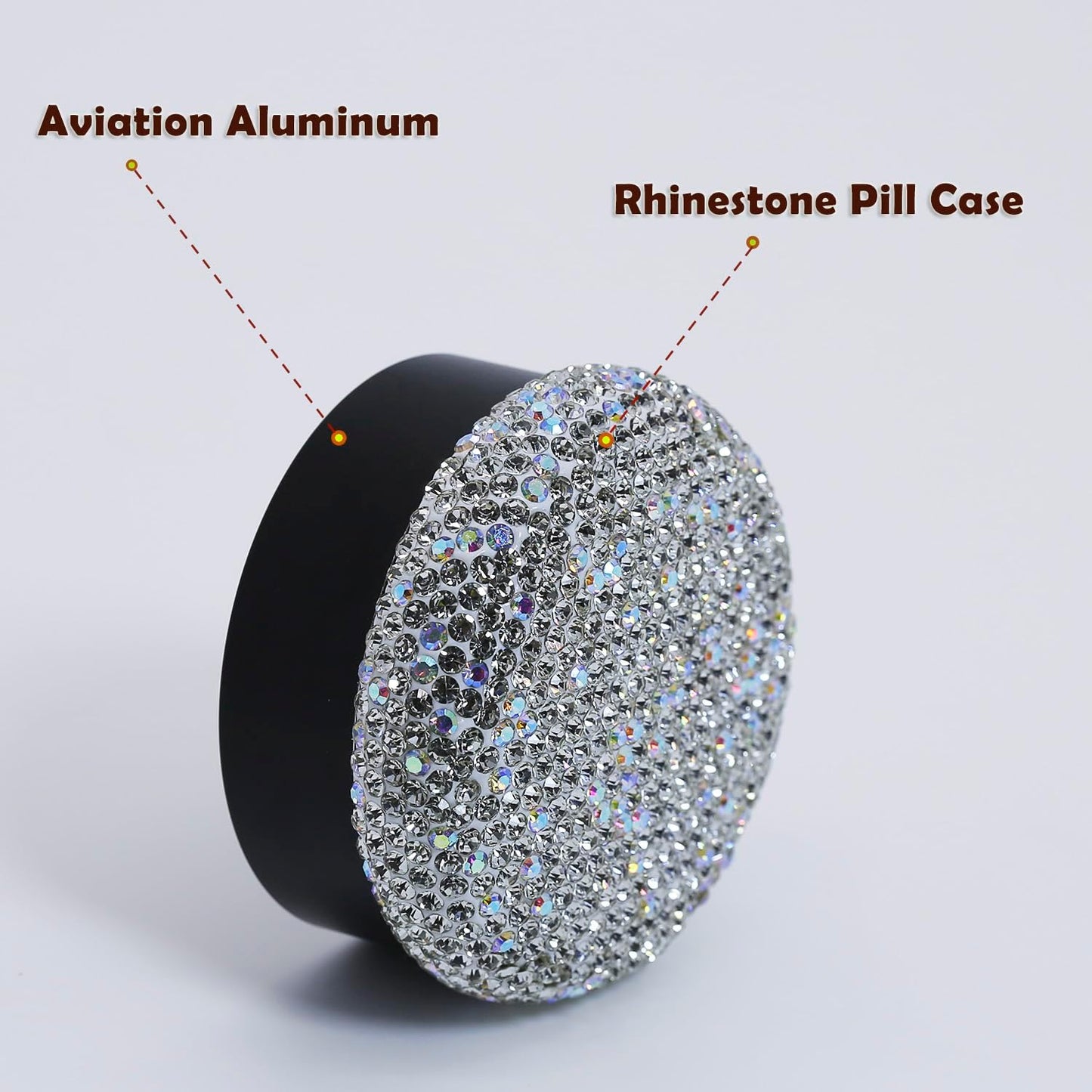 Small Pill Case 3 Compartments, Metal Round Portable Pill Box, Waterproof Travel Pill Organizer, Pocket Purse Medicine Vitamin Holder EDC Container (Black with Rhinestone)
