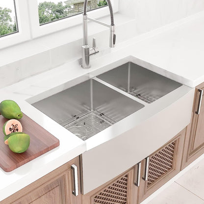 Lordear 36 Inch Double Bowl Farmhouse Kitchen Sink 36"x20-3/4"x10" Double Basin Undermount Farmhouse Kitchen Sinks 60/40 Apron Front 16 Gauge Farm Sinks