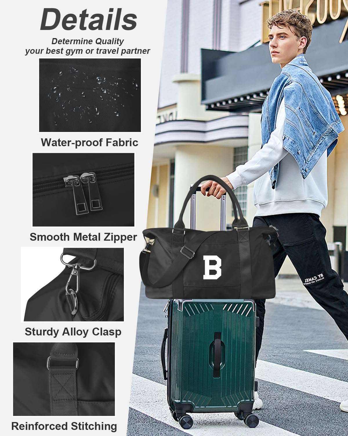 Initial Travel Duffel Bag Sports Gym Bag for Boys Teen Birthday Gifts,Black Personalized Weekender Bag Carry On Tote Bags for Men,Waterproof Overnight Luggage Bag Airplane Travel Essentials(Letter B)