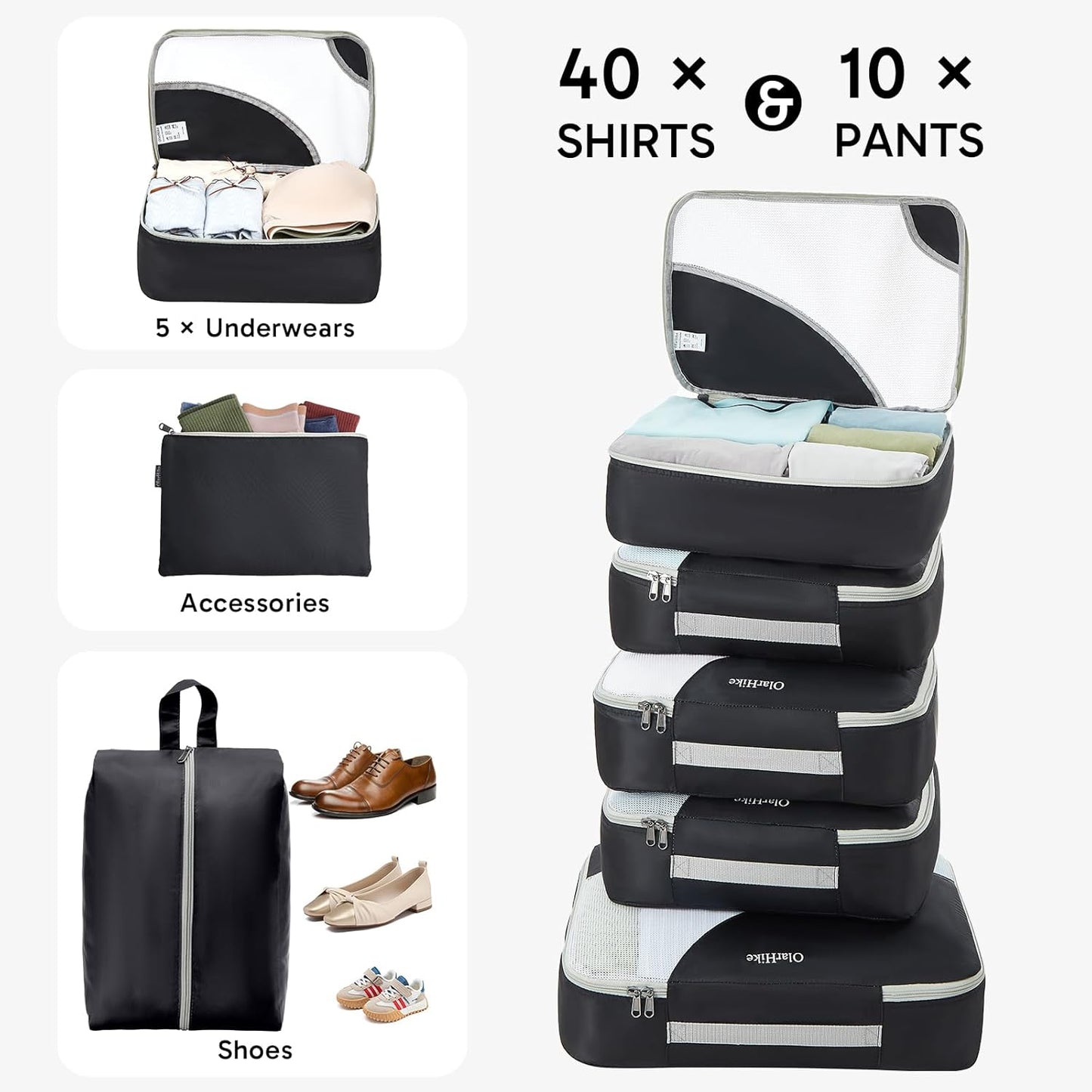 ALL INCLUDED 10 Set Durable Packing Cubes for Suitcases,OlarHike Essentials for Travel,UPGRADED Anti-Tear Stitching, NEW Improved Luggage Packing Organizers for Travel Accessories (Black)
