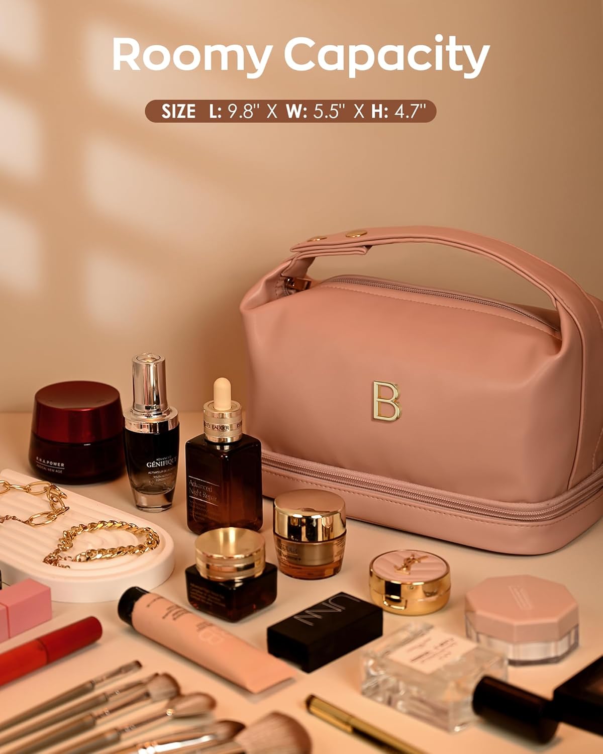 Personalized Makeup Bags, Initial Bags with Handle, Waterproof Double Layer Cosmetic Bag, Large Capacity PU Leather Makeup Bags Letter Travel Toiletry Bag with Makeup Brush Organizer