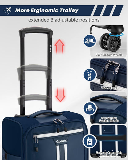 Gonex 16 inch Underseat Carry On Luggage with Spinner Wheels, Water Resistant PVC Wheeled Travel Bag Airline Approved, Softside Small Rolling Personal Item Suitcase for Men Women, Blue