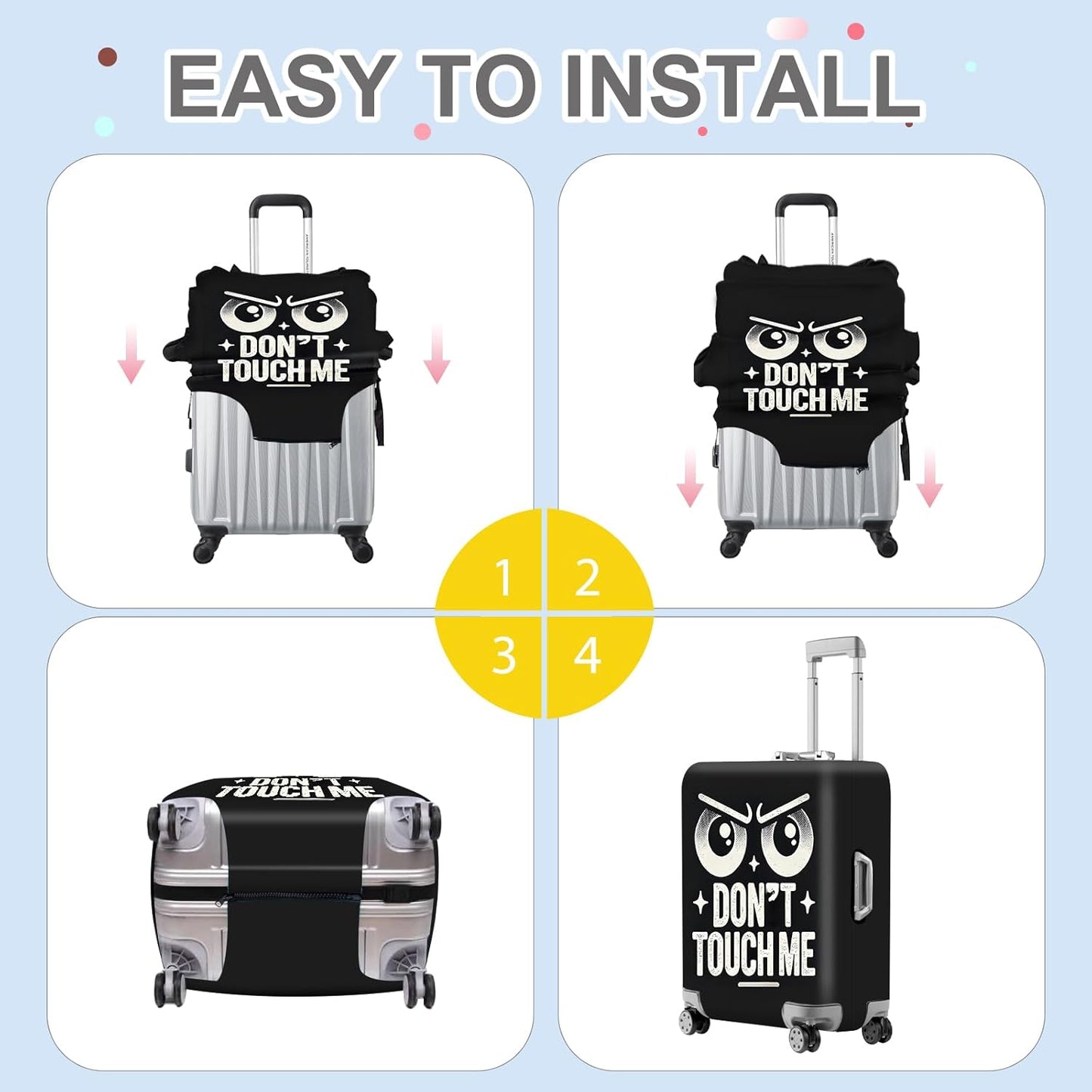 ANNA QUEEN Funny “Don’t Touch Me” Luggage Cover, Bold Black Suitcase Protector with Angry Eyes Design, Stretchable, Washable Travel Cover for 20-22 Inch Luggage