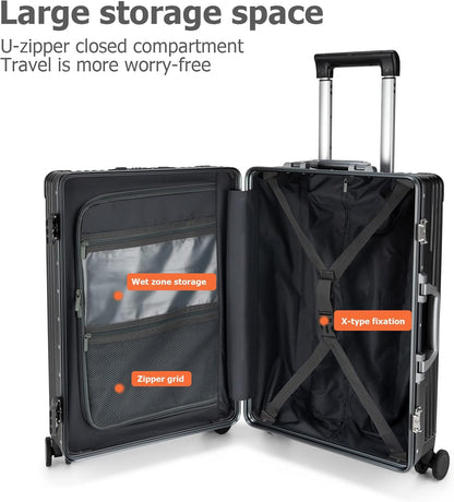 feilario 20in Aluminium Frame PC Hard Shell Spinner Wheels Luggage, Built-In TSA lock Carry on Suitcase, with Cup Holder, USB Port, Phone Holder
