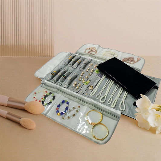 Velvet Travel Jewelry Case Roll Bag Organizer for Necklace Bracelet Earrings Ring (Black) (grey and black)