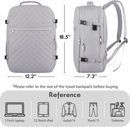 MOMUVO Large Travel Backpack Women, Flight Approved Carry On Backpack, Water Resistant Anti-Theft Large Casual Daypack Fit 17 Inch Laptop with USB Charging Port, Grey