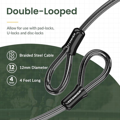 Titanker Bike Lock Cable,12mm Thick Security Cable with Loops Heavy Duty Steel Cable Vinyl Coated Bike Cable Lock Security Chain (4ft, 7ft, 15ft, 30ft)