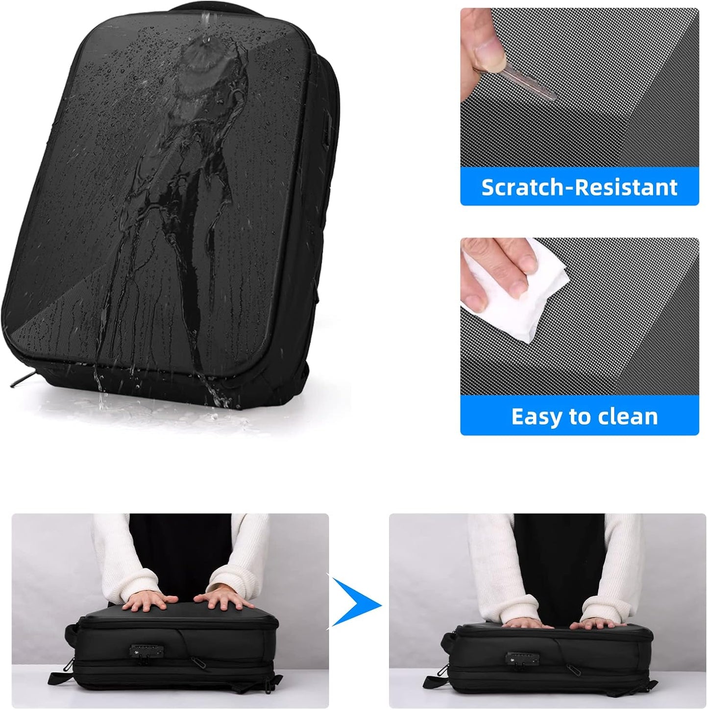 FENRUIEN Anti Theft Laptop Backpack for Men, Expandable Water Resistant Hardshell Backpack with USB Port, Black Business Travel Computer Bag 15.6 Inch
