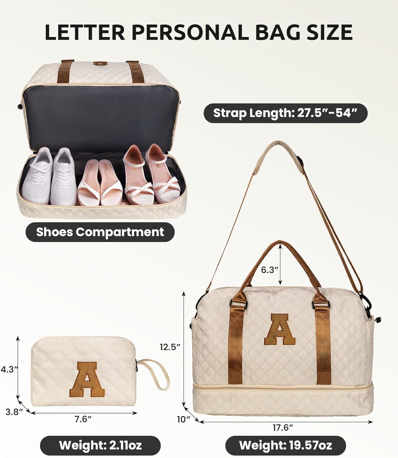 Gifts for Teen-Girls-Initial Duffle Bag with Shoe Compartment, Personalized Weekender Bag, Monogram Overnight Bag, Travel Bag with Makeup Bag，Birthday Gift Graduate Gifts for Her (Letter H)