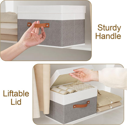 Fabric Storage Boxes with Lids, Linen Foldable Cloth Baskets, 17.7 x 11.8 x 11.8 Inch Closet Organizer Containers with Double Handles, Sweater Bins for Bedroom, White and Grey, 1 Pack