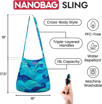 Nanobag Ultra-Lightweight Foldable Sling for Women & Men, Reusable Grocery & Travel Bag, Packable Collapsible Compact Market Crossbody (Sling Neon Flowers)