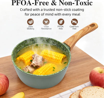 Nonstick Cookware Set, 2-Piece Non-Toxic Coated 10.25 Inch Frying Pan & Saucepan with Lid, PFOA Free Dishwasher Safe, Induction Compatible, Beginner Kitchen Pots and Pans Set, Green
