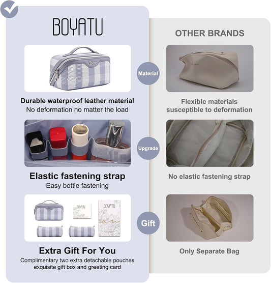 BOYATU Makeup Bag Travel Cosmetic Bag: 3 Pcs Set Portable Make up Bags for Women with Handle - Waterproof Vegan Leather Toiletry Organizer Bags with Comparments (F-05-Blue)