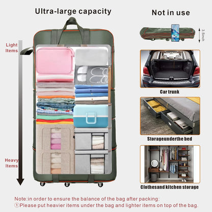 Expandable Large Capacity Travel Bag Oxford Cloth Duffel Bag with Wheels Lightweight Waterproof Travel Foldable Suitcase(ArmyGreen)