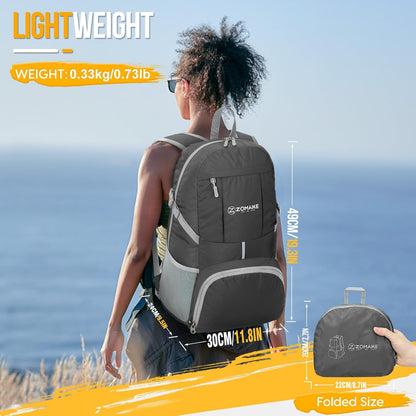 ZOMAKE Lightweight Packable Backpack 35L, Light Foldable Backpacks Water Resistant Collapsible Hiking Bag, Compact Folding Day Pack for Travel Camping(Dimgray)