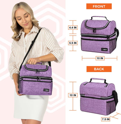 OPUX Lunch Box For Women, Insulated Large Lunch Bag Adult Work, Double Decker Lunchbox Meal Prep, Dual Compartment Leakproof Lunch Cooler, Soft Lunch Pail Tote for Girls Kids School (Purple 16 Cans)