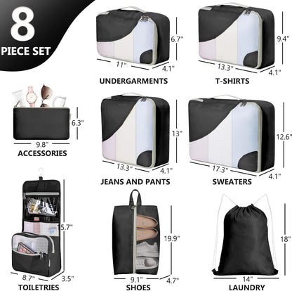 8 Set Packing Cubes for Travel, Gifts for Men,Anti-Tearing Suitcase Organizer for Luggage with Shoe & Hanging Toiletry Bag, OlarHike Vacation Accessories for Cruise, Travel Essentials for Men, Black