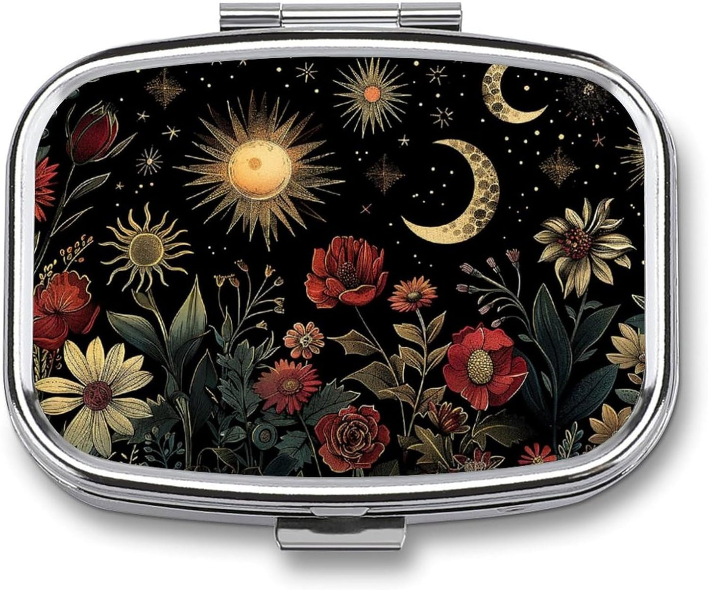 Metal 2 Compartment Pill Organizer Travel Friendly Portable Compact Pill Box Cute Pill Case,for Pocket Wallets Daily Portable Medicine Vitamin Tablet Storage (The Dark Night)