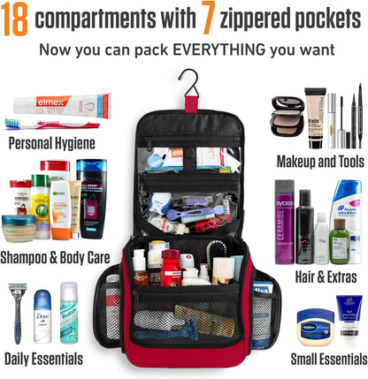 VENTURE 4TH Hanging Travel Toiletry Bag for Women & Men - Travel Organizer with Expandable Compartments & Removable Clear Pouch for Toiletries (Red)