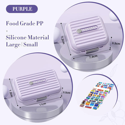 Travel Pill Organizer Box with Medicine Labels, 2Pack 7 Compartments Portable Pill Case, Daily Medication Organizer Storage Pill Container for Pocket Pharmacy(Purple, S+L 2pack)