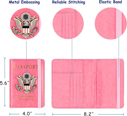 TOURSUIT RFID Blocking Passport Holder for Women Men, Leather Passport Travel Wallet with Metal 3D Metal Badge, Travel Document Holder Cover Accessories (Pink)
