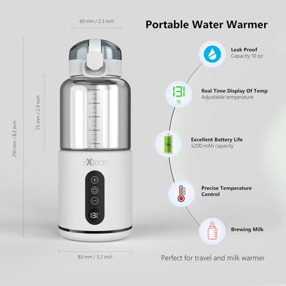 IXTECH Portable Water Warmer for Baby Formula, Milk Warmer for Travel, 10 oz., Electric Warming with Adjustable Temperature Control, Leak-Resistant Spout, Rechargeable and Wireless
