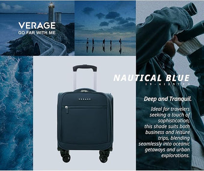 Verage Underseat Carry On Luggage with Wheels, 14.5-Inch Spinner Small Suitcase, Softside Lightweight Travel Bag for Men and Women, Airplane Carry On Bag, Nautical Blue
