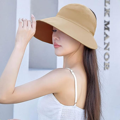 Sun Hats for Womens Wide Brim UV Protection Fishing Hats Packable Reversible Hollow Top Hat with Ponytail Beach Travel Hats