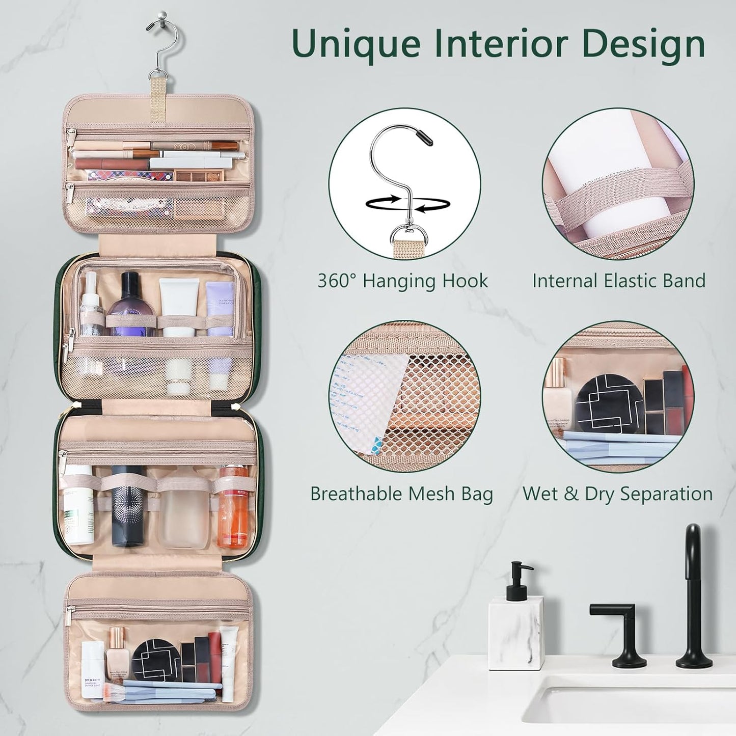 Wedama Toiletry Bag for Women, Hanging Travel Toiletry Bag with Jewelry Organizer Compartment Large Makeup Bag, PVC Waterproof Cosmetic Travel Bag Trips Camping Bathroom, Dark Green