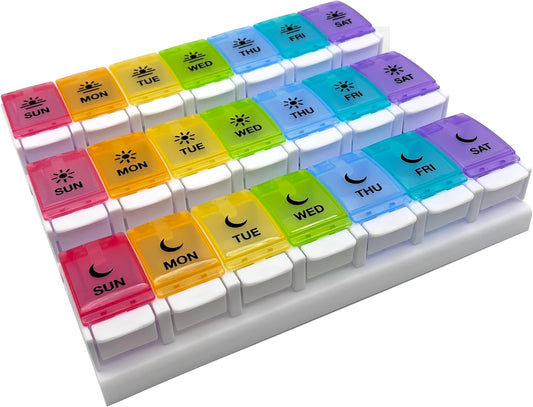 EZY DOSE Weekly (7-Day) Pill Case, Daily Medicine Planner, Vitamin Organizer Container, Large Push Button Compartments, Easy to Use, 3 Times a Day, Spring Open Design, Rainbow Lids, BPA Free