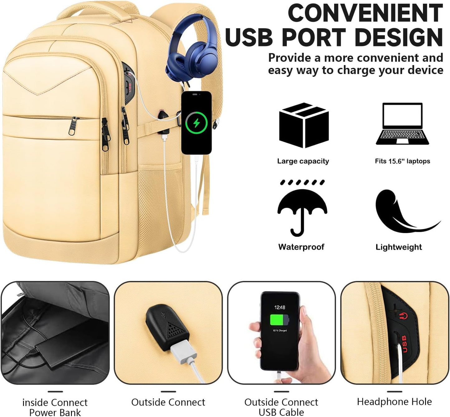 Lapsouno 15.6 Inch Laptop Backpack for Women, Large Travel Carry on Backpack, Water Resistant TSA Friendly with USB Port, College School Bag Gifts for Women, Light Yellow