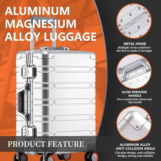 WEICHEN All Aluminum Magnesium Carry On Luggage 22x14x9 Airline Approved 20 Inch Hard Shell Suitcase with Spinner Wheels and TSA Lock