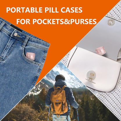 Small Pill Box, Portable Daily Box, Aluminium Alloy Round Container for Pills, Pocket Case (Pink)