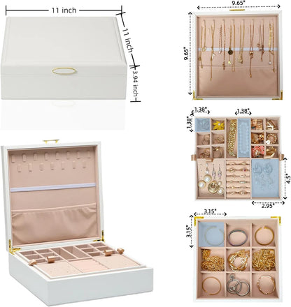Jewelry Box Organizer for Women,White 2 Layer jewelry Stoarge Case,Built in Necklace Hook and Detachable Jewelry Tray,Indoor Jewelry Display Box