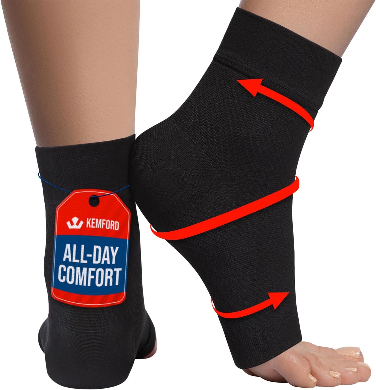 KEMFORD Ankle Compression Sleeve - Plantar Fasciitis Braces - Open Toe Compression Socks for Swelling, Sprain, Neuropathy, Foot Arch Support for Men and Women - 15-20mmhg, M, Black