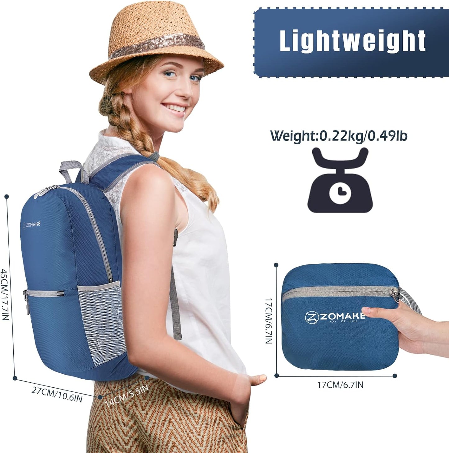 ZOMAKE Ultra Lightweight Hiking Backpack 20L, Packable Small Backpacks Water Resistant Daypack for Women Men(Navy Blue)
