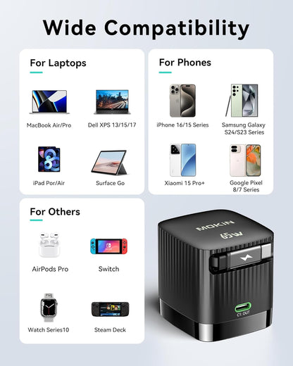 65W Retractable Wall Charger, PD Fast USB C Charger Block with Retractable Type C Cable, Travel Fast Charging Adapter with Foldable Plug for iPhone 16/15, MacBook Pro, iPad, Galaxy, and More