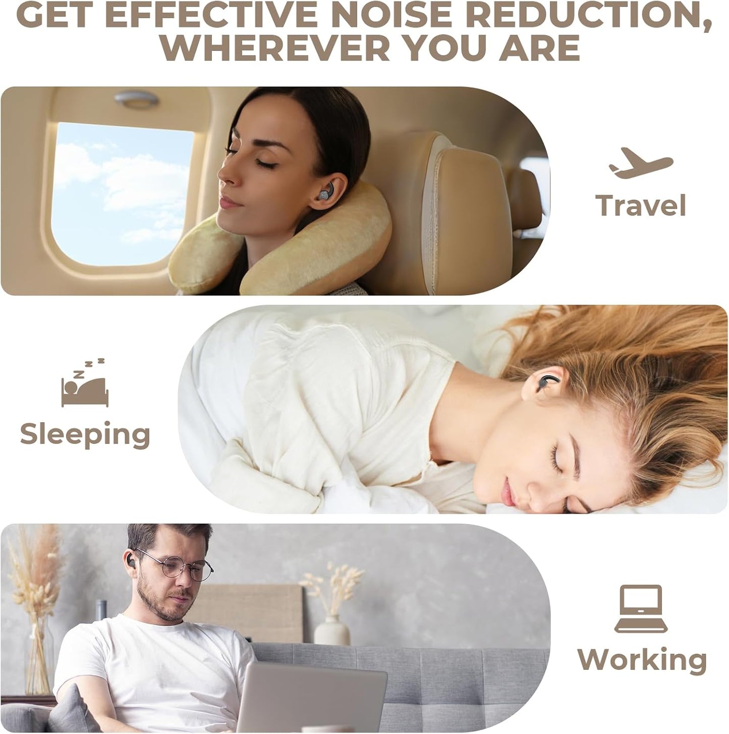 Ear Plugs for Sleeping: Reusable Earplugs for Sleep, Snoring Blocking, Concert, Travel, Airplane, 2 Pairs Washable Soft Silicone Noise Cancelling Ear Plugs (Black)
