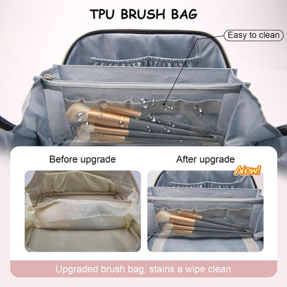 BOYATU Makeup Bag Travel Cosmetic Bag: 3 Pcs Set Portable Make up Bags for Women with Handle - Waterproof Vegan Leather Toiletry Organizer Bags with Comparments (F-03-Pink)